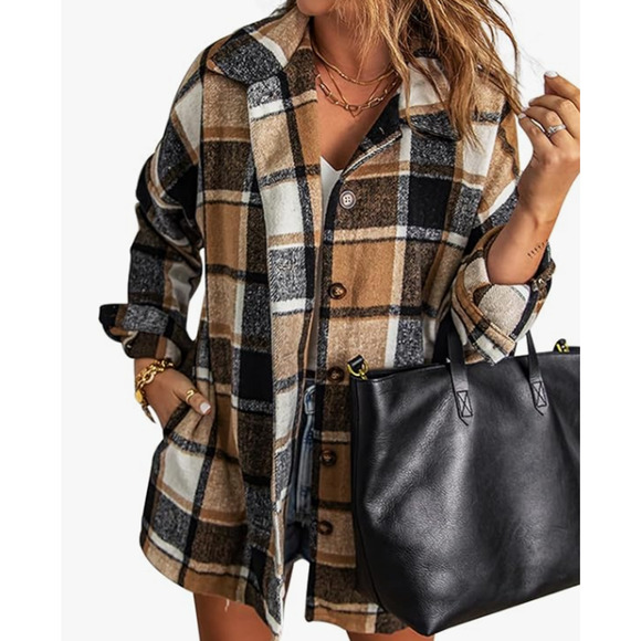 Women's Tan Plaid Button Down Shacket Jacket NWOT Size M - Picture 1 of 12